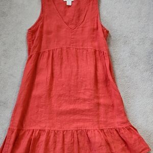Sleeveless Orange Straight Ruffled Linen Bottom V-Neck Dress - Small